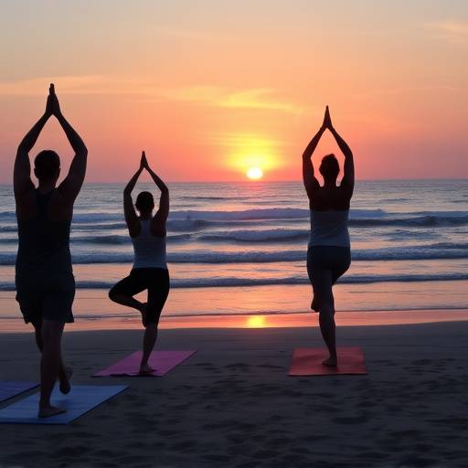 A calming scene of a yoga class taking place on a beach at sunset.