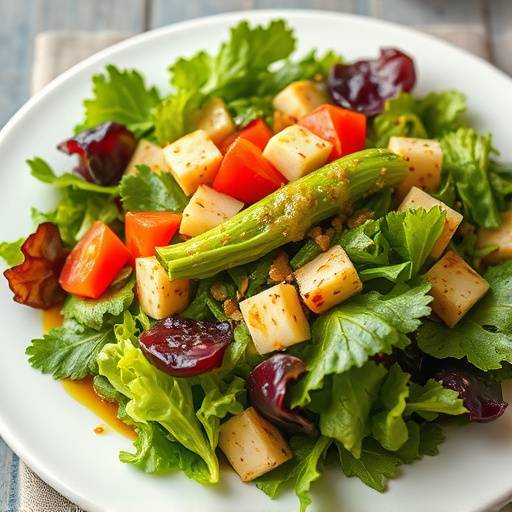 A vibrant salad with mixed greens, tomatoes, cucumbers, and a light vinaigrette